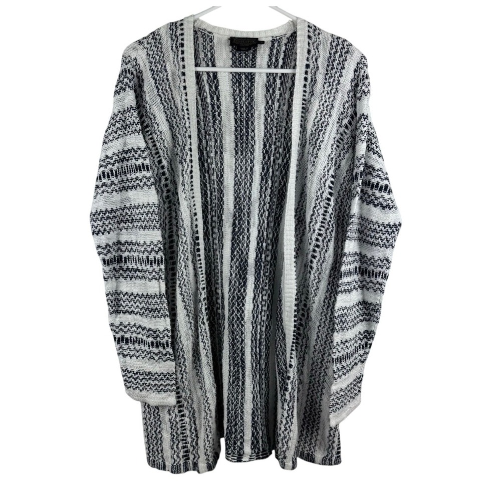Pendleton Cardigan Women Small White Navy Blue Cotton‎ Linen Striped Open Front